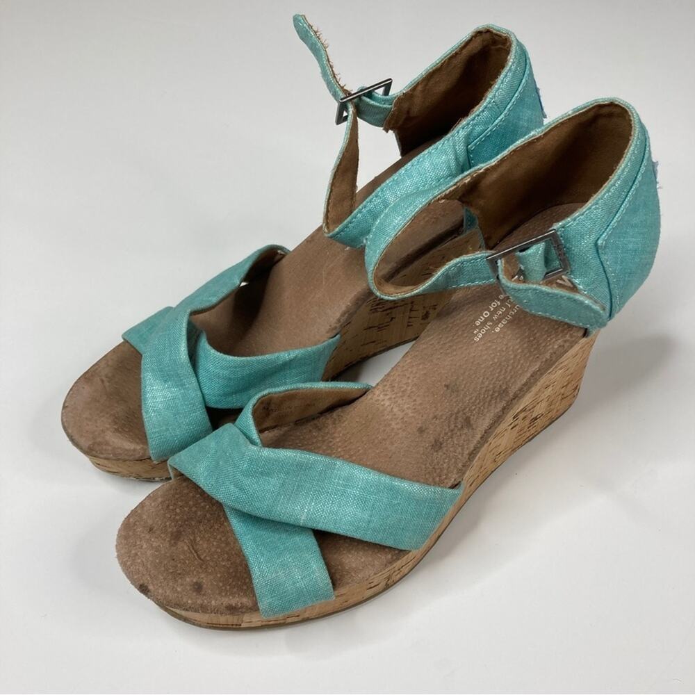 3/$30 Toms | Shimmery Aqua Cross Strappy Platform Cork Heels 9.5 - Picture 3 of 10
